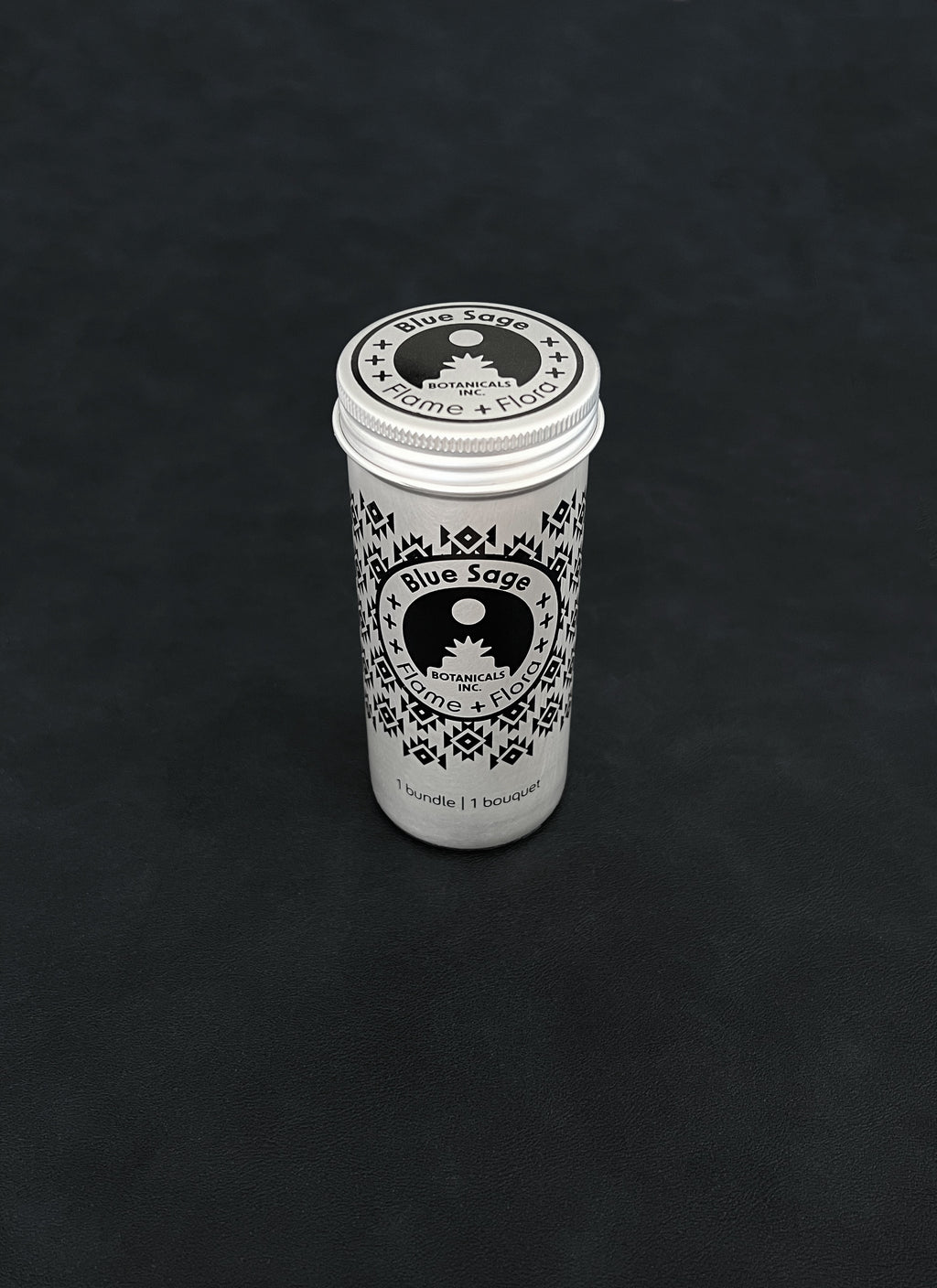 Silver metal storage tin with black patterned design for Blue Sage on a dark background