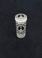 Silver metal storage tin with black patterned design for Blue Sage on a dark background