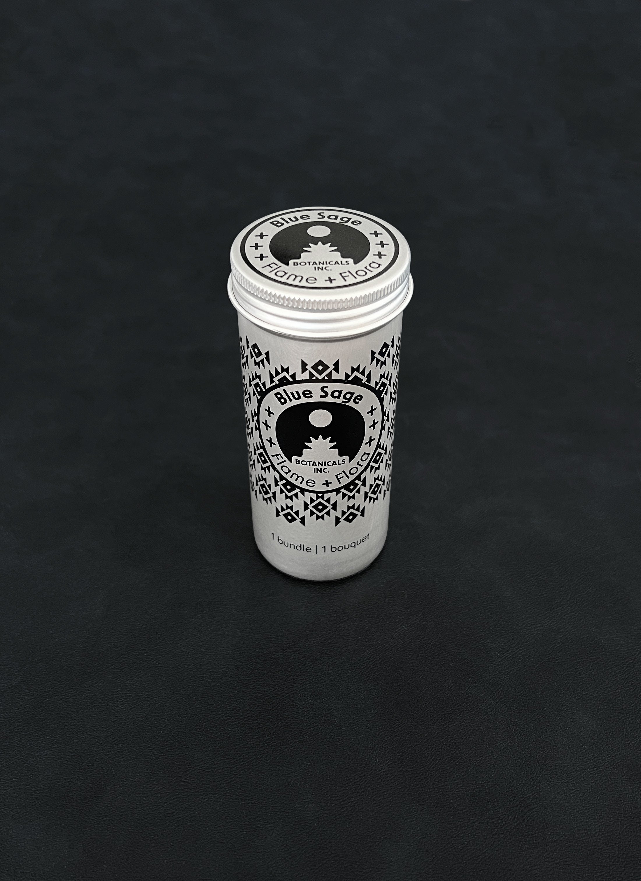 Silver metal storage tin with black patterned design for Blue Sage on a dark background