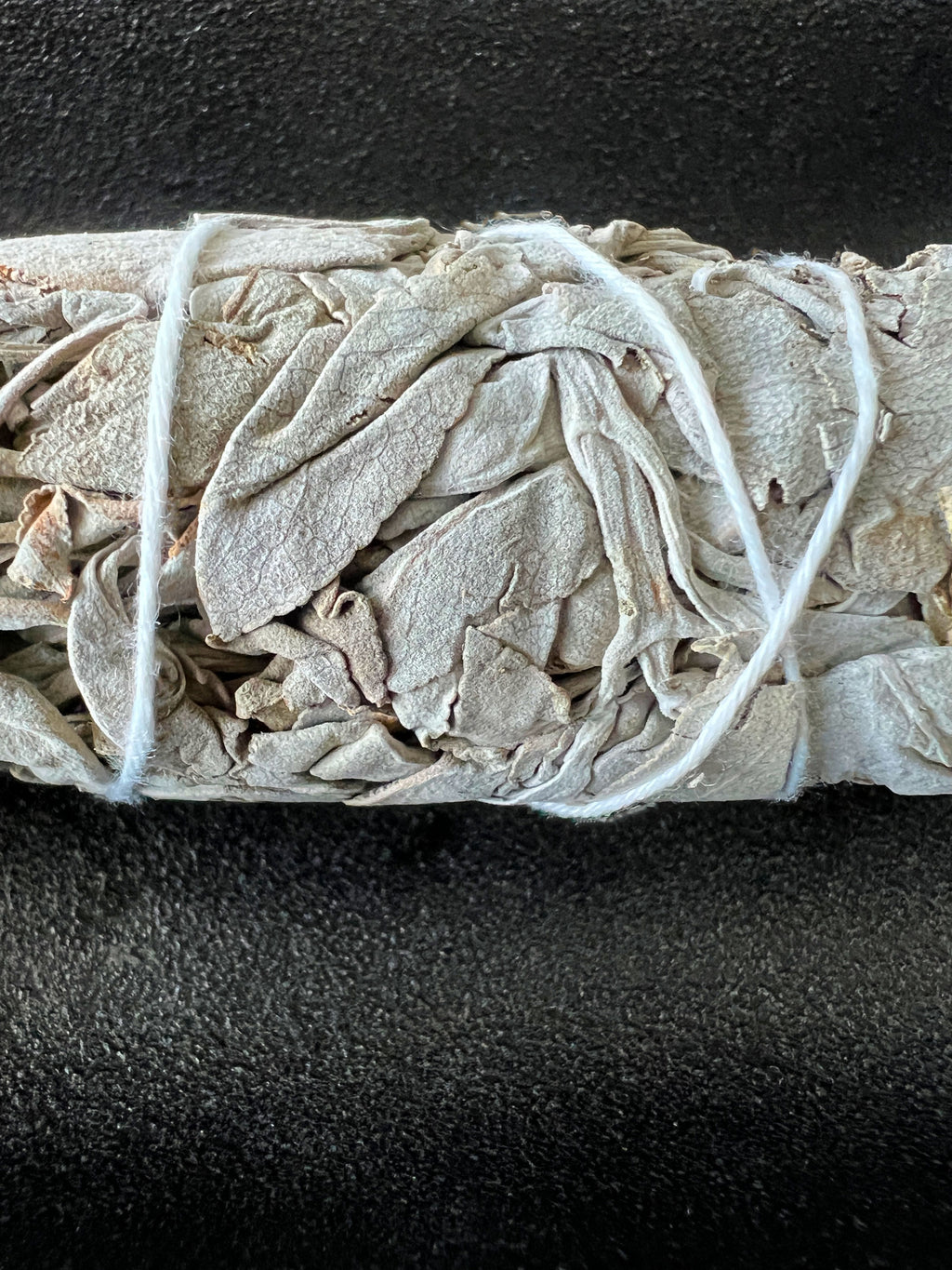 Close-up of White Sage smudge stick bundled with white cotton string on a dark background