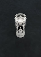 Silver metal storage tin with black patterned design for White Sage on a dark background